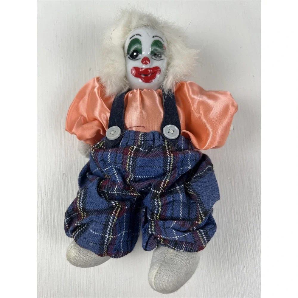 Porcelain‎ Clown Weighted Shelf Sitter Fabric Body Painted Vintage 8 inches
